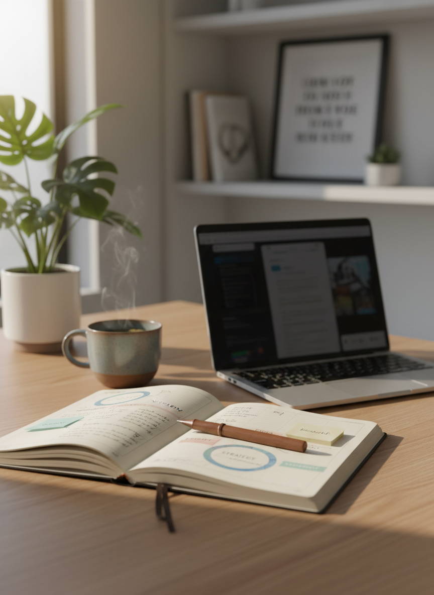 A neatly arranged leadership coaching workspace without any people, featuring an open linen-bound notebook with handwritten diagrams and colorful sticky notes, a slim silver laptop slightly ajar, and a smooth walnut pen resting diagonally across the page. The desk is a light oak surface near a large window, with a single leafy plant in a matte white pot and a ceramic mug of herbal tea. Soft morning daylight spills across the scene, creating gentle shadows and a calm, professional atmosphere. Photographic realism from a slightly elevated angle, with shallow depth of field subtly blurring a minimalist bookshelf and framed inspirational quote in the background, emphasizing clarity, purpose, and focus.