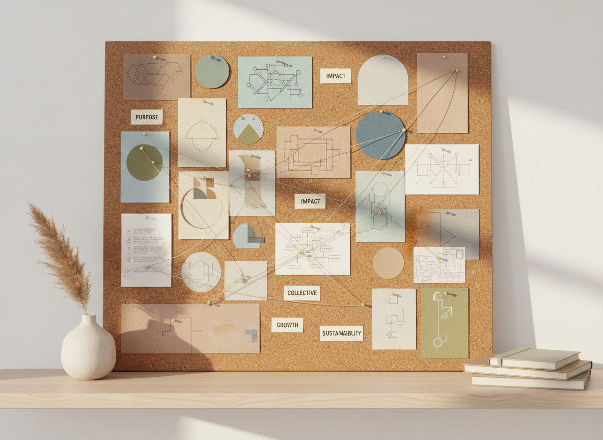 A vision board for an impact-driven business, constructed on a natural cork surface with carefully pinned textured paper swatches, minimalist geometric diagrams, sketched mind maps, and small printed cards reading words like “Purpose,” “Impact,” and “Collective.” Metallic gold pins and thin linen threads connect key concepts. The board leans against a clean white wall on a light beech shelf, flanked by a simple stoneware vase and a stack of neutral-toned journals. Warm golden hour sunlight streams in from the right, creating elongated shadows and a hopeful, aspirational mood. Photographic realism, shot straight-on at eye level with balanced composition and subtle background blur to keep focus on the interconnected ideas.