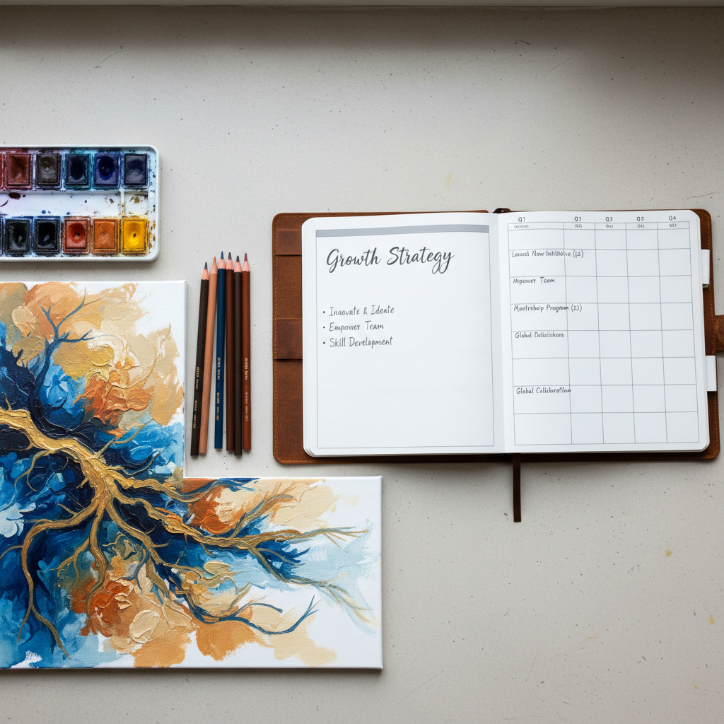 A flat lay of creative leadership tools on a clean, pale concrete surface: high-quality watercolor paints in a porcelain palette, neatly sharpened colored pencils, and a partially painted abstract canvas with bold yet harmonious blues, golds, and warm neutrals suggesting growth and connection. Beside it, a structured leather-bound planner lies open to a page filled with neatly organized goals and timelines. Diffused overcast window light from the left casts soft, even illumination, reducing harsh shadows and creating a thoughtful, contemplative atmosphere. Photographic realism with crisp focus throughout, composed using the rule of thirds, evoking purpose-led creativity and strategic thinking blended together.